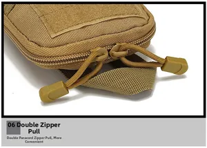 Détail de la pochette tactique avec double fermeture éclair et tirettes robustes