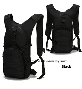 Detail showing tactical MOLLE webbing and elastic drawstring on black outdoor cycling backpack