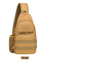Detail of tan tactical sling bag with MOLLE system and mesh side water bottle pocket