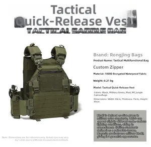 Detailed view of military green 1000D waterproof tactical vest with MOLLE system specs