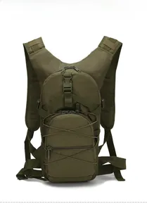 Detailed front view of olive green tactical nylon backpack with multi-zipper compartments