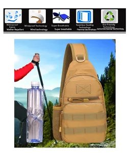 Outdoor tactical chest bag detail with water bottle mesh pocket and MOLLE system straps