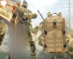 Detail view of 35L tactical 3P backpack with MOLLLE webbing and side compression straps
