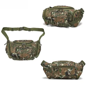 Detail view of tactical waist bag with jungle digital camo pattern and multiple compartments