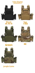 Tactical vest color options featuring MOLLE system in black, tan, green, and camo patterns