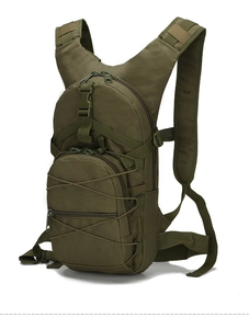 Detail of army green tactical backpack with MOLLE system and elastic cord fasteners