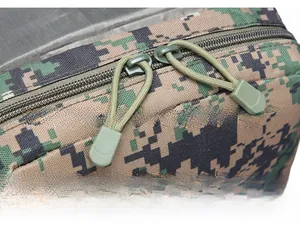 Detail of smooth double zipper with ergonomic nylon pull cords on digital camo backpack