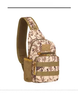 Detail of desert digital camo tactical chest bag with water bottle mesh pocket