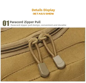 Detail showing the durable paracord zipper pulls and tactical nylon fabric on khaki bag