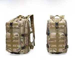 Detailed view of 35L tactical backpack in CP camouflage with Molle webbing and strap system