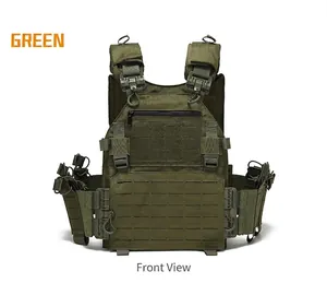 Front detail of tactical vest featuring laser-cut MOLLE system and quick-release buckles