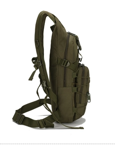 Detail view of military green tactical backpack with durable nylon fabric and side straps