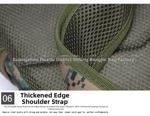 Detail of padded shoulder strap with breathable mesh on camouflage tactical backpack