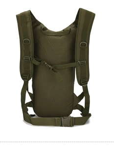 Detail of army green tactical backpack featuring breathable padded back and adjustable straps