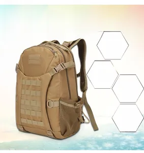 Close-up of tactical backpack featuring durable Oxford fabric and MOLLE webbing system