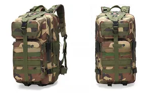 Front and side view of 35L tactical backpack in jungle camouflage with MOLLE system
