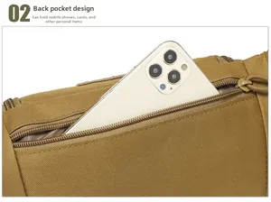 Tactical waist bag detail showing a hidden rear zipper pocket for smartphone storage
