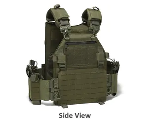 Side view of olive green tactical vest showing MOLLE webbing and adjustable waist straps