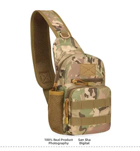 Detailed view of desert digital camo tactical chest bag with mesh water bottle pocket