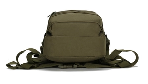 Detail view of durable green tactical pack bottom with plastic buckle and nylon straps