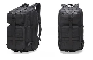 Detail view of black 3P tactical backpack with MOLLE webbing and durable oxford fabric