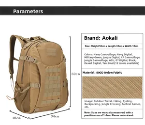 Detailed size specifications for 50x34x18cm tactical backpack in khaki 800D nylon fabric