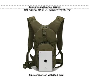Tactical backpack size comparison showing olive green bag capacity next to an iPad mini