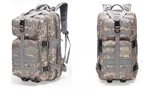 Detailed views of 35L tactical backpack in ACU digital camo showing the MOLLE system