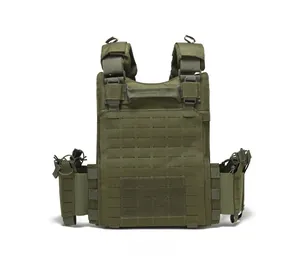 Rear view of army green tactical vest featuring laser-cut MOLLE system and rescue handle