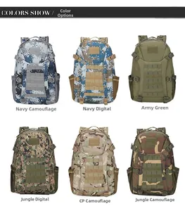 Tactical backpack set showcasing six camouflage and solid color options on white background