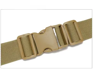 Macro shot of durable khaki plastic buckle and heavy-duty nylon webbing on tactical bag