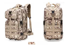 Detail of desert digital tactical backpack featuring MOLLE system and adjustable straps