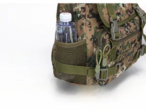 Detail view of digital camo backpack featuring side mesh pocket and adjustable side buckles