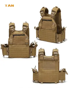 Detail view of TAN 1000D nylon tactical vest with laser-cut MOLLE and quick-release buckles