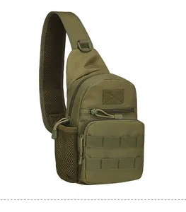 Detail view of military green tactical chest bag featuring side water bottle mesh pocket