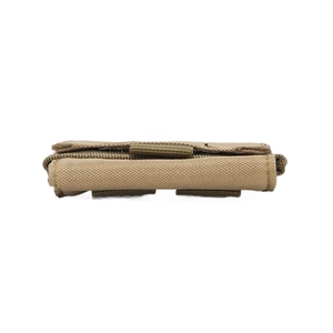 Tactical MOLLE accessory pouch in tan nylon with side elastic straps and compact design