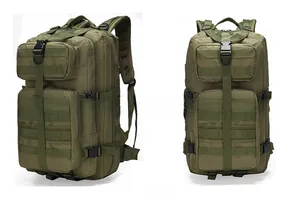 Macro detail of Army Green tactical backpack with MOLLE webbing system and buckle straps