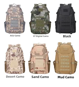Tactical backpack set showing six color variants like ACU camo and solid black