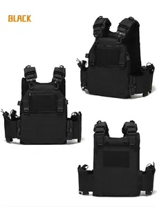 Three-angle view of black 1000D laser-cut MOLLE tactical vest with quick-release buckles