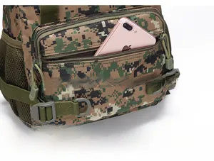 Detail view of the camouflage tactical backpack showing durable Oxford fabric and D-rings