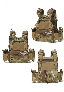 Three views of Multicam tactical vest featuring MOLLE system and quick release buckles