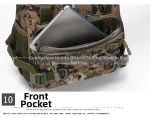 Detailed view of the front pocket of a digital camouflage tactical backpack for iPad mini