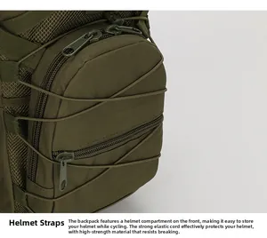 Detail of army green tactical backpack featuring elastic bungee system for helmet storage