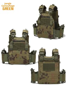 Detailed view of woodland camo tactical vest with Molle system and quick release buckles