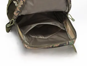 Detailed view of the digital camouflage backpack showing large interior space and laptop sleeve