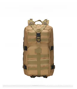 Front view of khaki tactical 35L backpack with MOLLE webbing and Y-shaped buckle strap