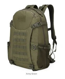 Detail of army green tactical backpack featuring MOLLE system and side mesh pocket