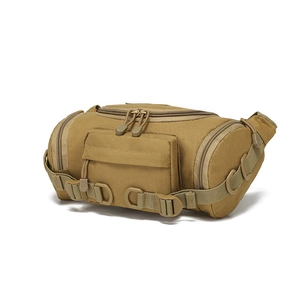 Tactical military waist bag in khaki nylon with multiple pockets for hiking and cycling