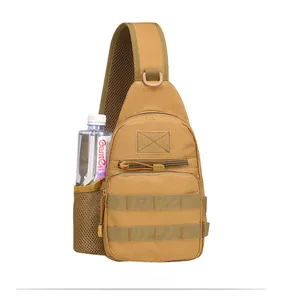 Front view of khaki tactical chest bag with Molle system webbing and side water bottle pouch