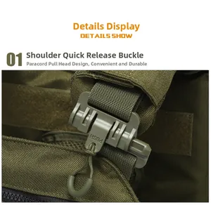 Close-up of olive green tactical vest quick release buckle and paracord puller detail